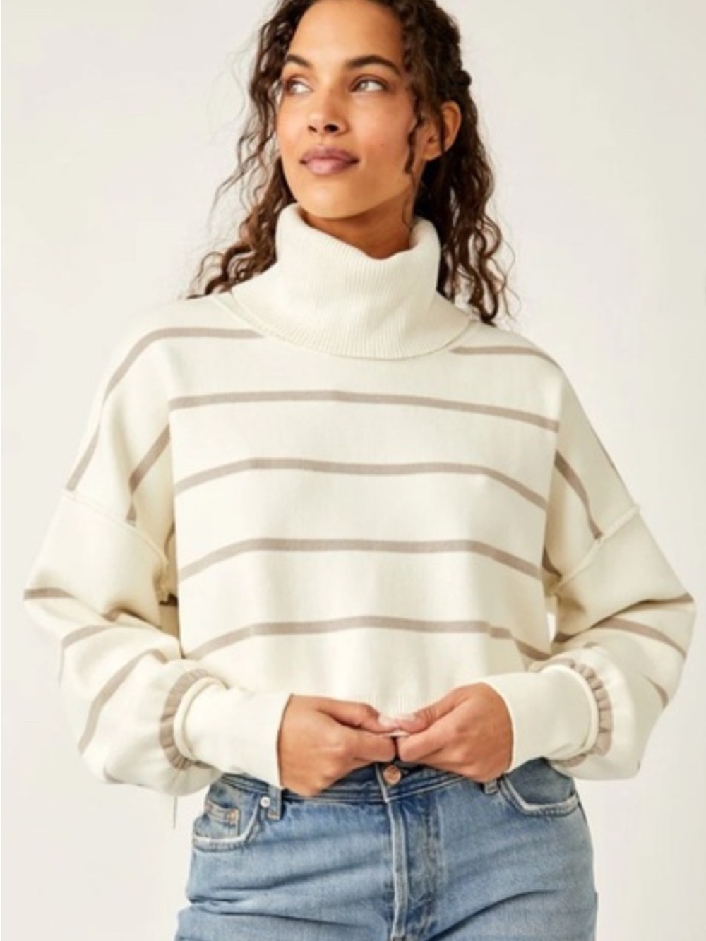 Free People Cream & Light Brown Striped Turtleneck Sweater